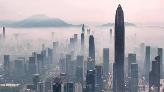 航拍深圳城市天际线低空平流雾