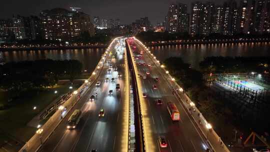 广州大桥夜景航拍车流交通广州大道广州越秀