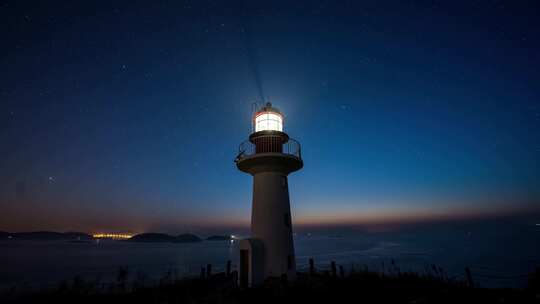 山东烟台蓬莱长岛大海灯塔星空日转夜