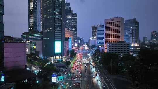 印尼雅加达坦林大街城市高楼夜景航拍风光