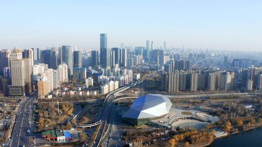 航拍沈阳市区盛京大剧院和现代城市风光