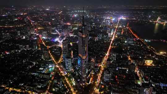 江苏南京CBD紫峰大厦建筑群日落夜景航拍