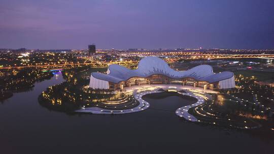 航拍夜晚江苏南通大剧院夜景