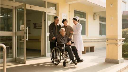 医院护士协助老人坐轮椅出院