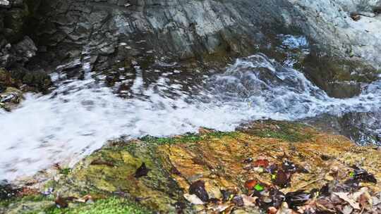 夏天森林里岩石小溪溪流瀑布流水