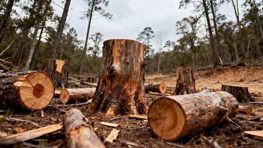 森林砍伐后的树桩与原木