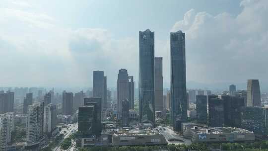 南昌双子塔航拍绿地集团高楼大厦中央广场视频素材模板下载