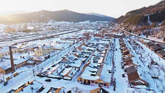 中国黑龙江冬季横道河子东北小镇雪乡航拍