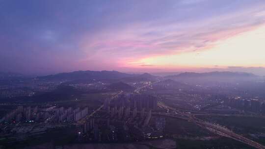 杭州日落晚霞天空风景航拍