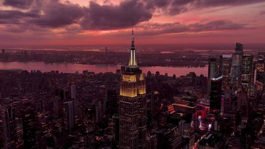 城市航拍纽约帝国大厦摩天大楼夜景日落晚霞