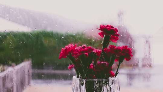 窗花 - 雨季 - 窗外下雨 - 窗台的鲜花