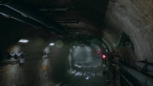8K废弃地铁轨道隧道三维场景渲染镜头