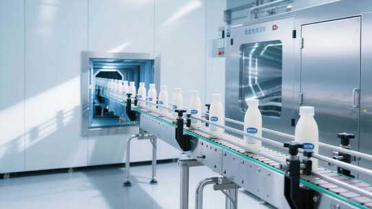 工厂牛奶瓶流水线生产画面