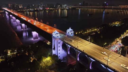 【合集】武汉长江大桥夜景航拍 黄鹤楼