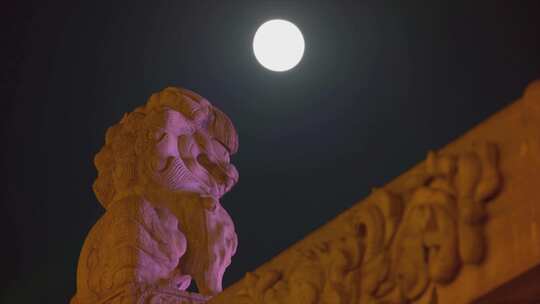古建筑 石狮 月亮视频素材模板下载
