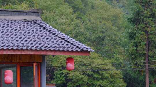 初秋山中农村雨中滴水的屋檐和树叶视频素材模板下载