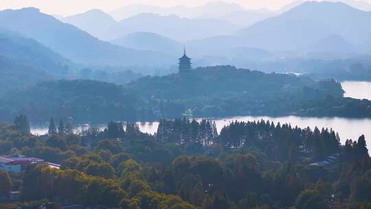 西湖雷峰塔景区大自然风光群山航拍杭州风景视频素材模板下载