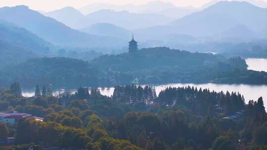 西湖雷峰塔景区大自然风光群山航拍杭州风景