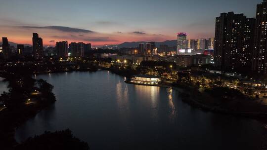 航拍福建福州晋安区晋安湖湖景夜景