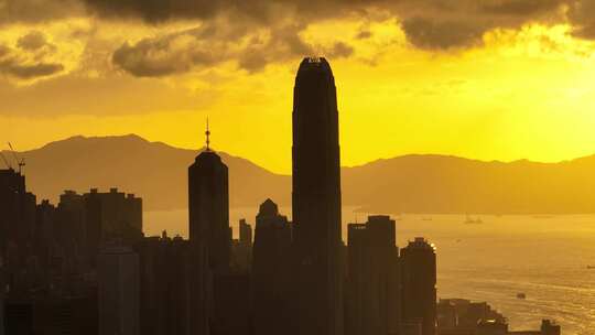 香港城市高楼大厦航拍日落剪影