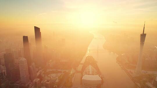 航拍夕阳下广州市区现代城市都市风光