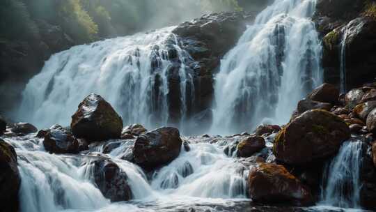 山间岩石上湍急瀑布的壮观景象