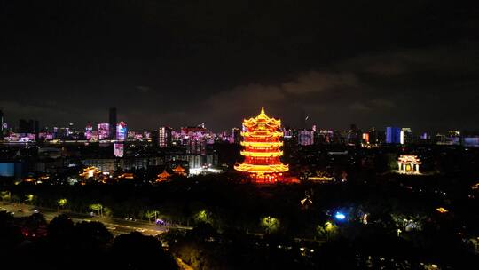 武汉黄鹤楼长江大桥夜景灯光秀航拍