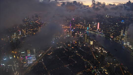 航拍上海陆家嘴夜景拨开云雾