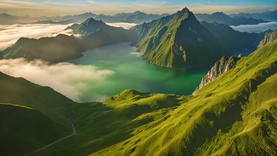 高山湖泊自然风光全景