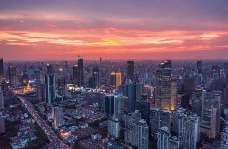 4K上海航拍静安区夕阳下的高楼大厦