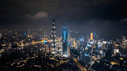 上海浦东世纪大道夜景航拍