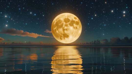 海面上升起的满月星空景象