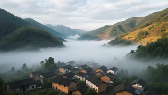 山间乡村晨雾全景