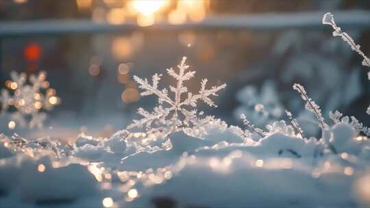 冬天雪花雪景下雪天冰晶雪花特写空镜头唯美