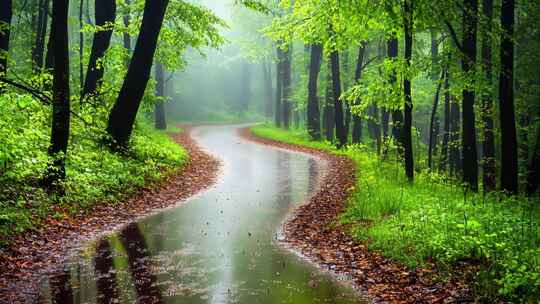 绿色森林中的雨景