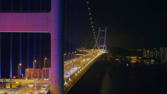 香港青马大桥车流夜景航拍