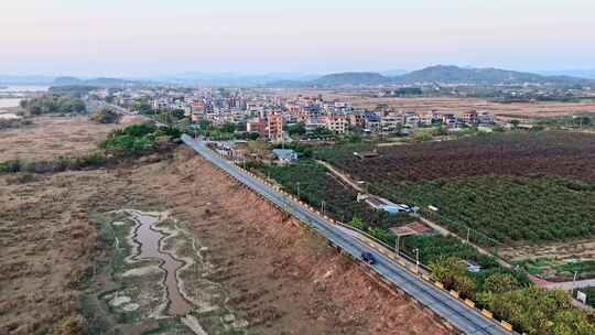 航拍冬季白昼惠州横沥东江边城镇乡村场景