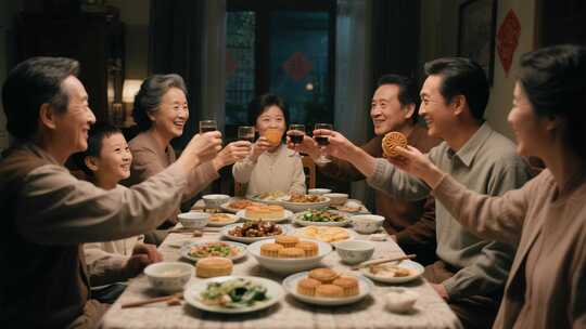 中秋节家庭聚餐长辈晚辈举杯共庆