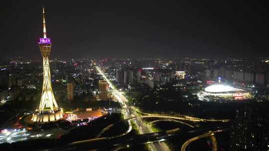 航拍河南郑州中原福塔夜景视频素材模板下载