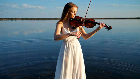 湖畔女子拉小提琴