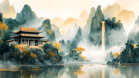 山水画中式山水古建筑风景