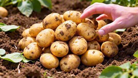 手触摸田地里收获的土豆