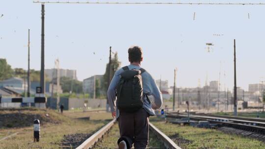 男人张开手臂沿着火车轨道奔跑视频素材模板下载