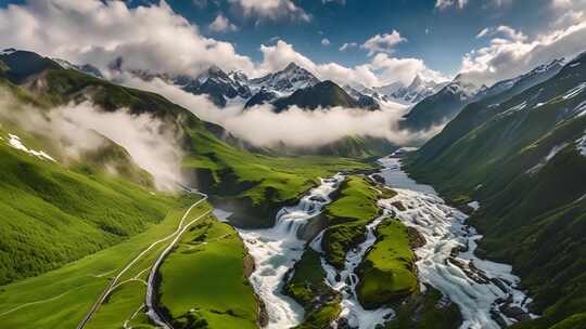 高山草甸间河流瀑布风光