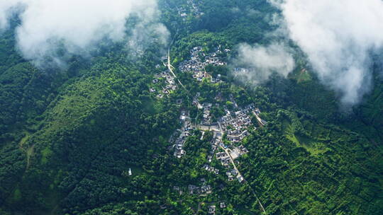 俯瞰云雾中的乡村大地森林绿野