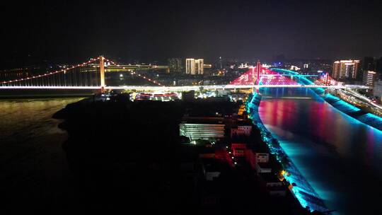 城市航拍湖北宜昌跨长江大桥夜景