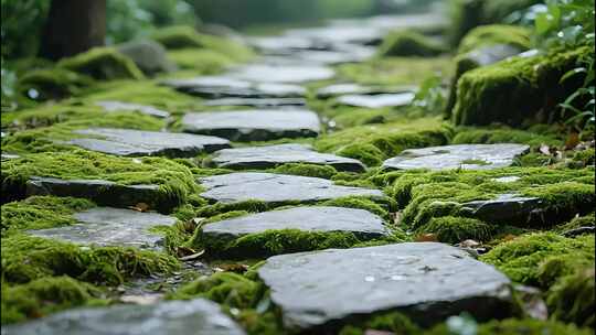 石板路青苔苔藓石板路幽静小径青苔石阶自然