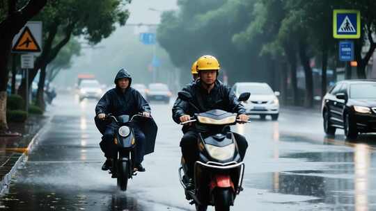 雨天骑电动车的行人街道画面