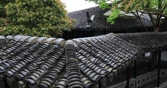 苏州园林春雨屋檐屋面特写