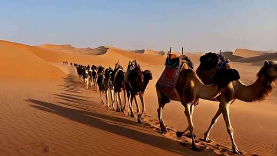 沙漠中行进的骆驼队伍